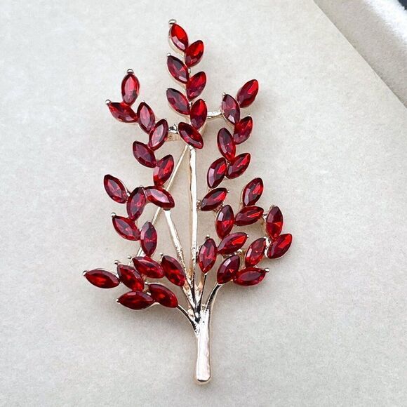 Rose Gold with Ruby Red Crystal Tree Branch with Leaves Pin Back Brooch - Picture 3 of 9